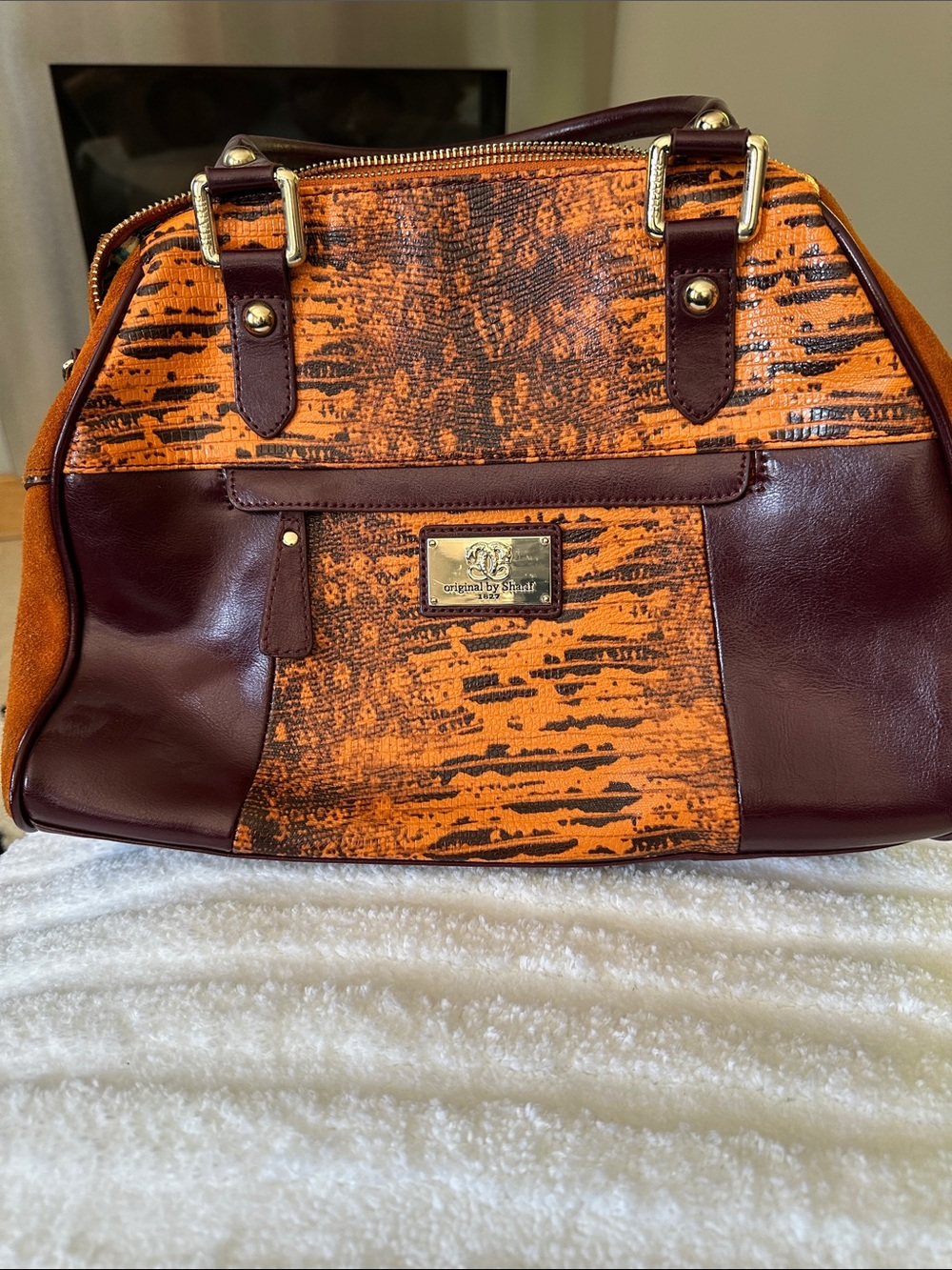 Sharif Orange & Burgundy Patterned Satchel with Gold Hardware